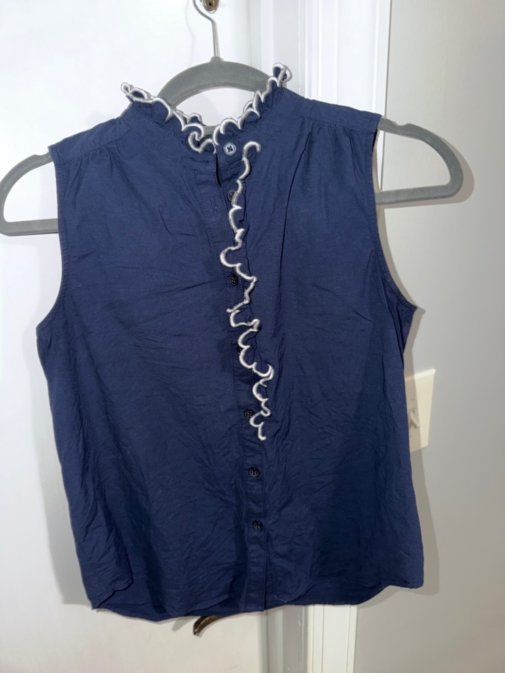 Ann Taylor Navy Sleeveless Ruffle-Trim Button Front Top